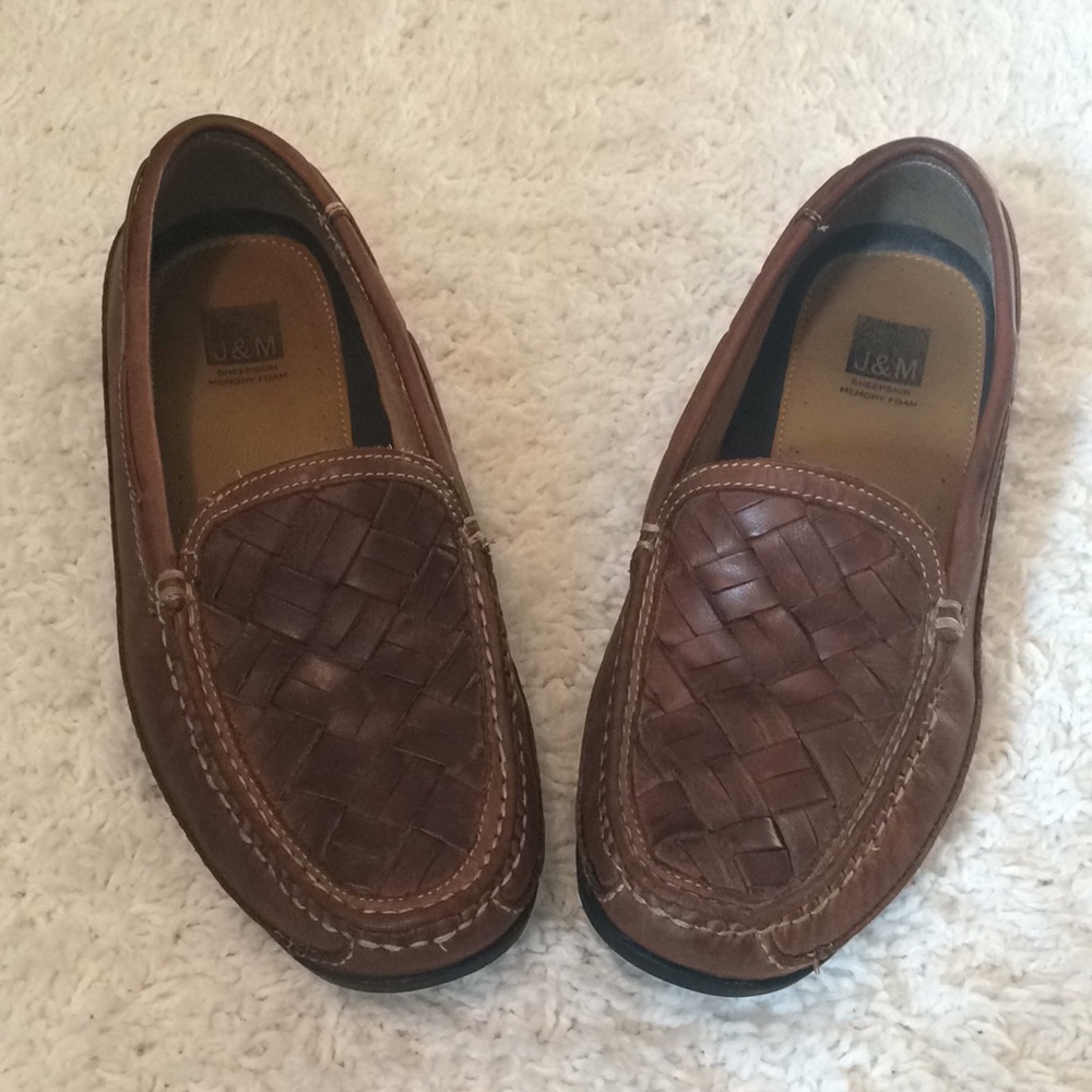 J&M brown woven loafers.
